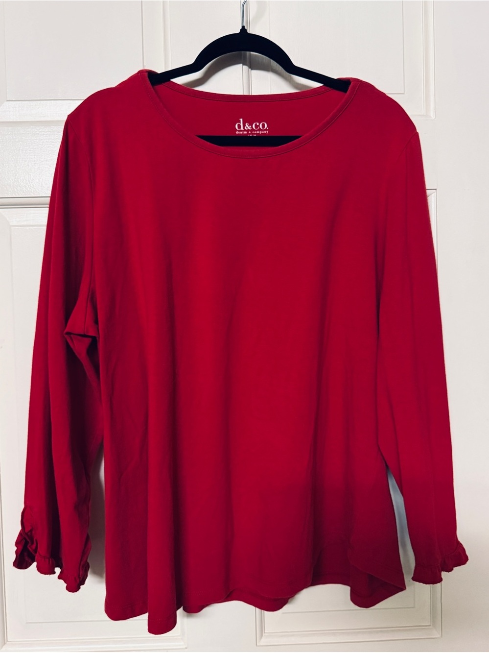Denim & Co. ruffle cuff  XL Round Neck Bracelet Sleeve red Cotton top NWOT
